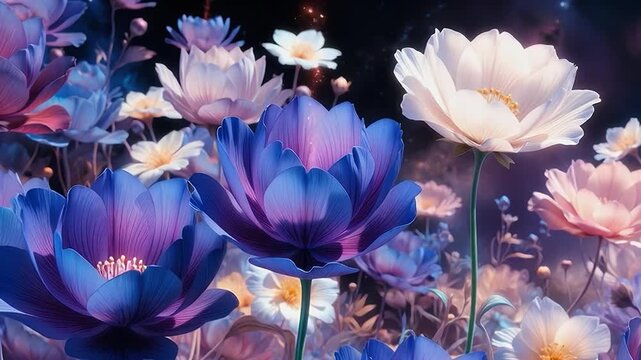 Enchanting field of vibrant fantasy flowers blooming under a starlit celestial sky