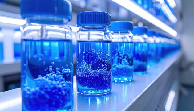 Detailed photographic capture of FlyPro_Firefly cell culture flasks with vibrant blue suspension cells gently swirling, illuminated by soft internal incubator lighting, revealing microscopic activity.