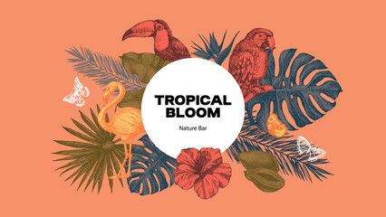 Tropical exotic frame. Parrot, tropical leaves, hibiscus, butterflies. Coffee, restaurant, food packaging, event decor concept. Hand drawn retro sketch vector illustration. © pim