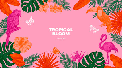Vintage tropical exotic frame. Parrot, flamingo, tropical leaves, hibiscus, butterflies. Coffee, restaurant, food packaging, event decor concept. Hand drawn sketch vector illustration. © pim