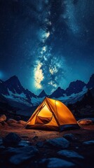 Glowing orange tent pitched on rocky alpine ground beneath the Milky Way and jagged snow-capped peaks, evoking awe and peaceful solitude