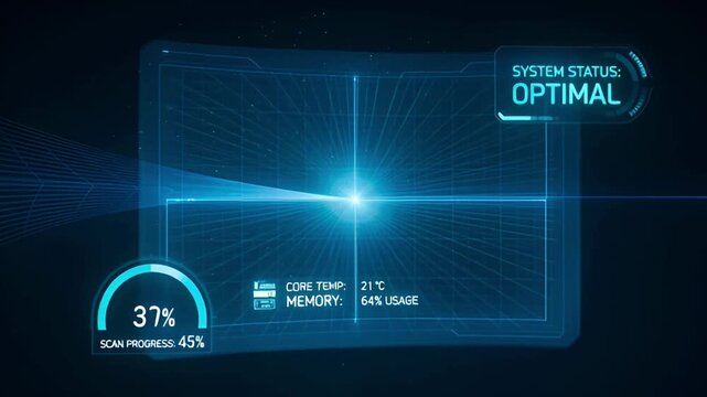 Futuristic data display showing system status and scan progress in shades of blue