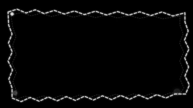 Abstract black background with a shimmering, wavy, rectangular frame made of white dashed lines, creating a subtle, dynamic border effect for text or graphics.
