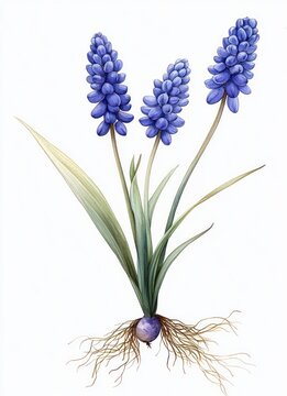 three purple clustered flower spikes with green lance-shaped leaves, exposed bulb and roots on white background, delicate calm botanical illustration