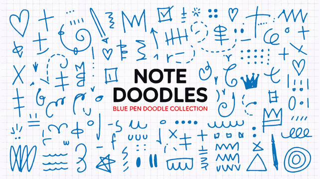 A diverse collection of hand-drawn blue pen doodles and sketch elements for creative note-taking and graphic designs