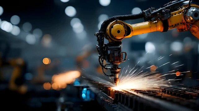 Dynamic robotic arm performing high-precision welding, illuminating the factory floor with sparks, symbolizing advanced industrial automation and manufacturing efficiency