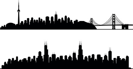 Obraz premium Black Silhouette of Famous City Skylines and Landmark Bridges Set Isolated on White Background for Urban Travel Tourism and Metropolitan Vector Graphic Design