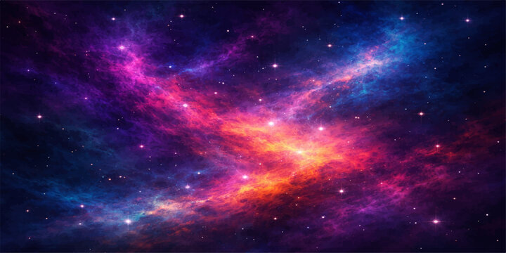 A vibrant abstract nebula glows within a deep blue outer space galaxy background featuring a bright starry field and shimmering constellations across the dark cosmic universe