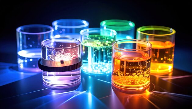 Vibrant fluorescence microscope filters demonstrating distinct excitation and emission wavelengths for scientific analysis, captured in a professional optical shot by FlyPro Firefly.