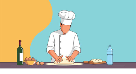 Professional chef kneading fresh dough on a kitchen counter with ingredients like eggs and wine to prepare a delicious gourmet meal from scratch.