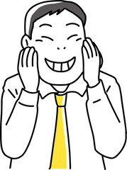 頬を手で上げて笑顔にする男性社員