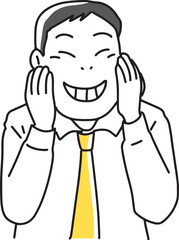 頬を手で上げて笑顔にする男性社員