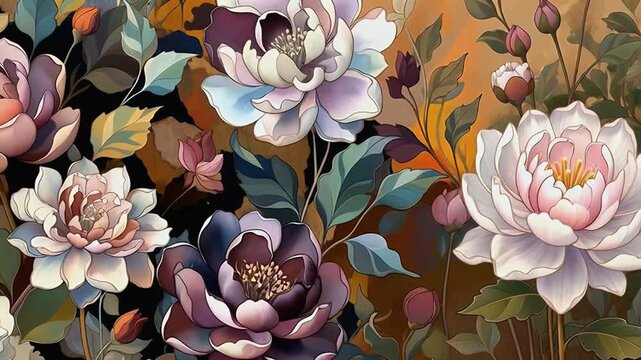 Elegant floral pattern featuring blooming flowers, buds, and leaves in muted tones