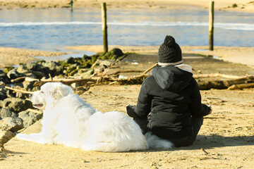 Young woman doing yoga on the beach with her Pyrenean Mountain Dog in close up
