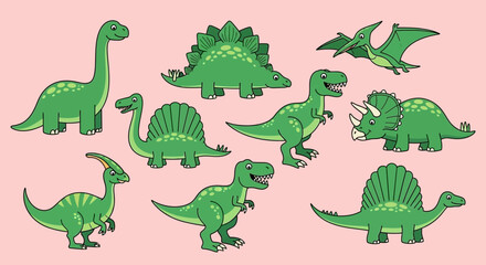 Cute Green Dinosaurs Collection: A Whimsical Vector Illustration for Kids and Education © Naufal