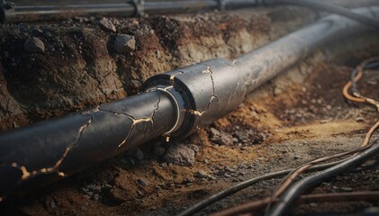 Medium shot of underground conduit featuring selfrepairing fiber sheath with surrounding earth tones and pipes out of focus focusing on durability and innovation.