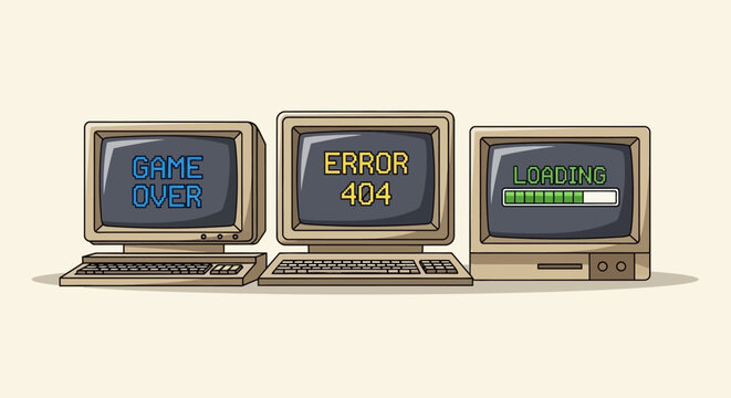 Retro Computers Displaying Game Over, Error 404, and Loading Screens