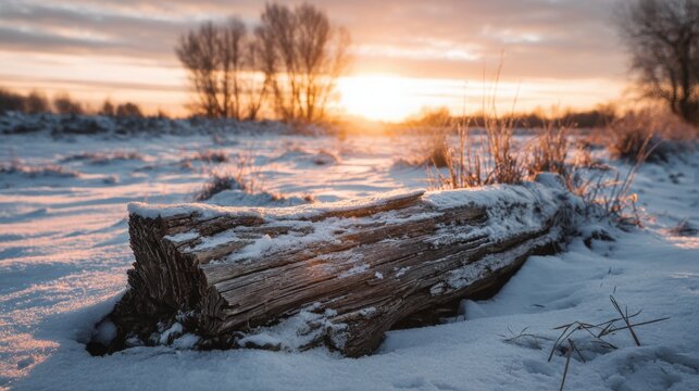 Winter sunrise over snowy landscape with fallen log