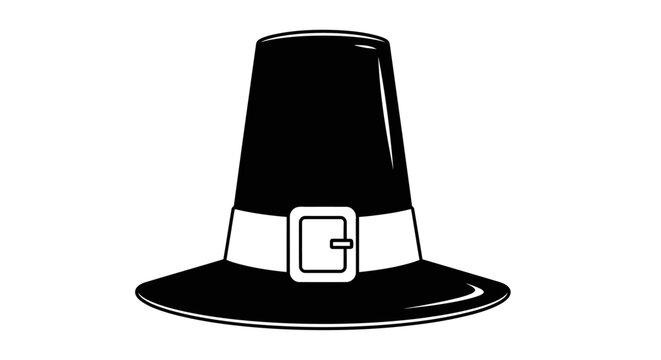 Traditional Black Pilgrim Hat with White Buckle and Band, Isolated on White Background