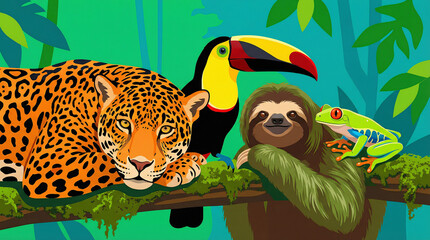 Vibrant jungle friends hanging out on a mossy branch