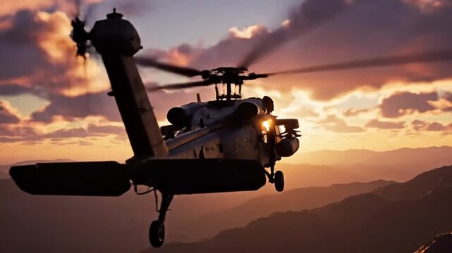 Silhouetted military uh-60 helicopter flies over mountainous terrain at sunset with dramatic clouds