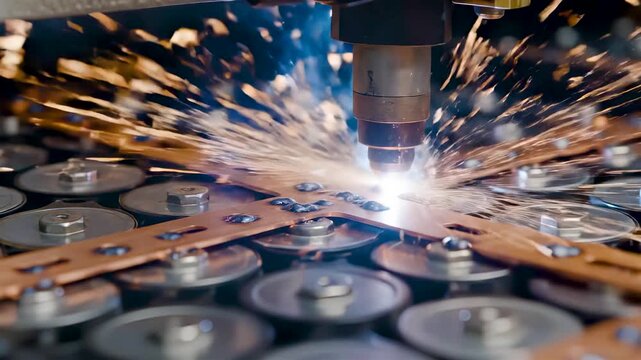 High Precision Laser Welding of Lithium Ion EV Battery Cells with Copper Busbars and Bright Industrial Sparks in Assembly Facility
