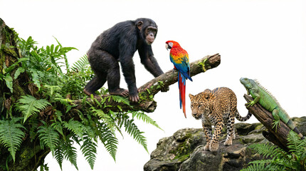 Wild jungle animals together on branches and rocks
