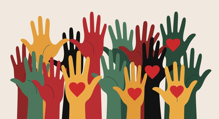 Fototapeta premium Diverse Hands Raised Up with Hearts, Symbolizing Unity, Support, and Love