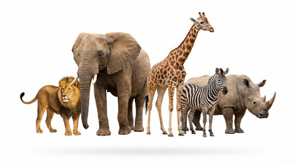 Diverse group of African wild animals standing together
