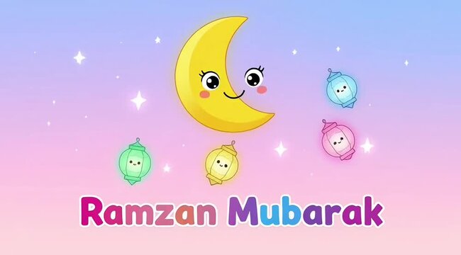 Ramadan greeting with cartoon moon and lanterns