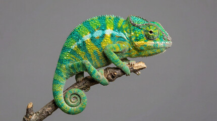 Vibrant green chameleon perched on branch with stunning color patterns