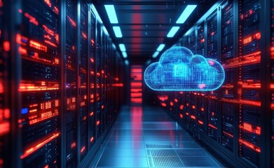Fototapeta premium Futuristic data center corridor with rows of glowing server racks and red indicator lights, featuring a holographic blue cloud hovering above the aisle and evoking secure high-tech intensity