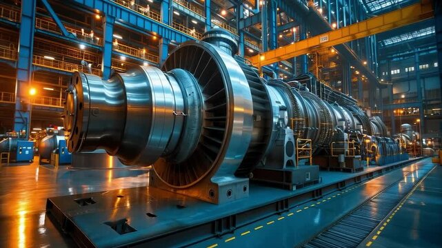 The massive turbine installations in the modern workshop emphasise the power of industrial technology, serving as a reliable technical backdrop for presentations on achievements in mechanical engineer