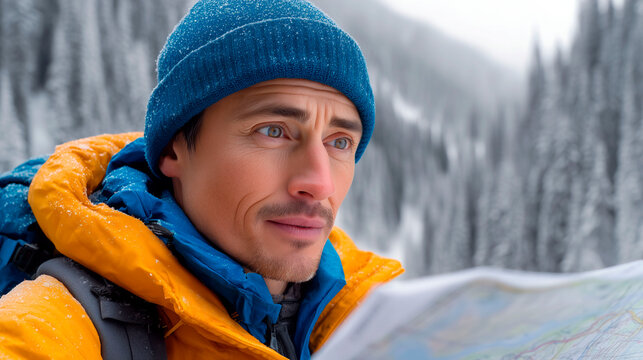 Male hiker in winter mountains holding map and looking into distance close up portrait