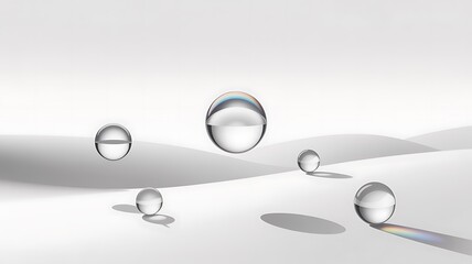 Water droplets falling on white surface with rainbow refraction and shadows