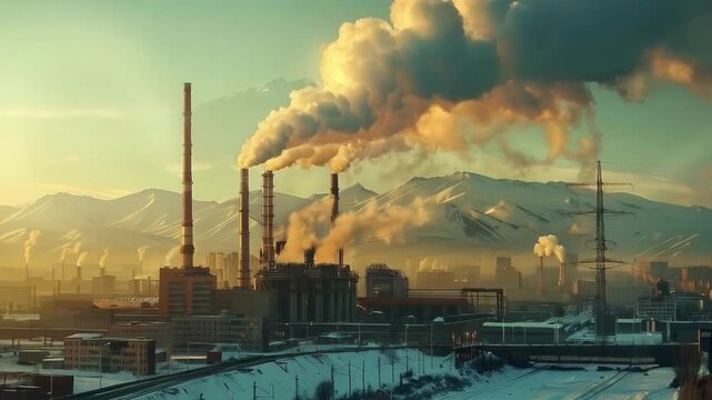 Factory chimneys spew thick smoke, colouring the sky above the snow-capped mountains, illustrating the acute environmental problem of industrial emissions, the perfect atmospheric backdrop for article