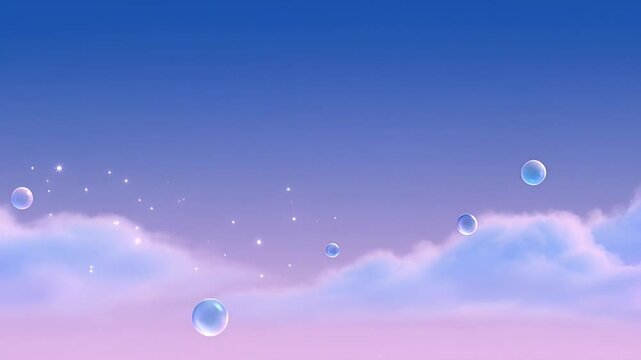 Dreamy Lavender Sky with Floating Bubbles amidst Soft Clouds and Starry Sparkles