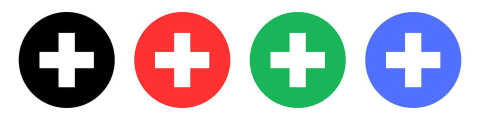 Fototapeta premium Modern Medical Cross Circle Icon Set in Black Red Green and Blue Isolated on Transparent Background Healthcare Plus Symbol Collection