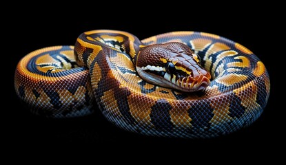 Fototapeta premium Vibrantly patterned python, coiled body and watchful head, against black