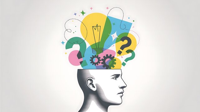Creative thinking concept with colorful ideas and lightbulb in human head profile