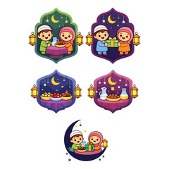 Muslim Family Praying Under Islamic Arch Lantern Mosque Ramadan Cartoon Illustration Cute Religious Character Scene Isolated Transparent PNG