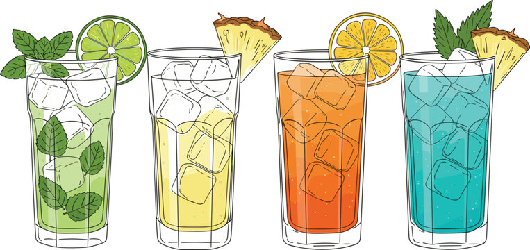 Professional hand-drawn vector illustration set of colorful refreshing long drinks featuring Mojito, Orange, and Blue Lagoon cocktails with ice cubes and fruit garnishes