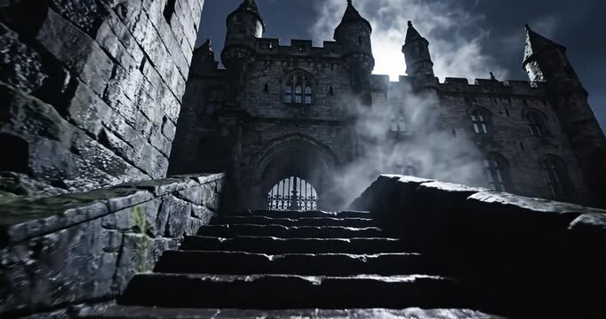 Dark Castle Staircase with Gate.