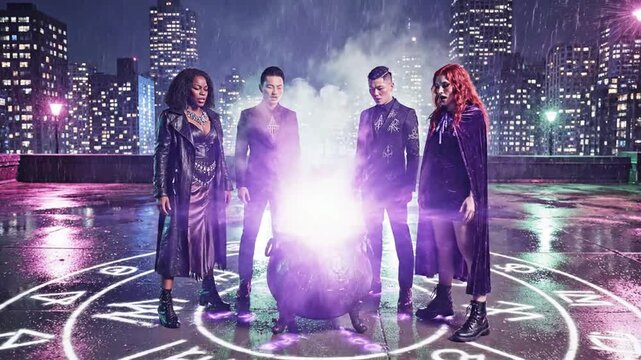 Diverse group performing magic ritual on city rooftop at night