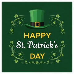 Fototapeta premium St Patricks Day card with green shamrock clover hat and pot of gold background.