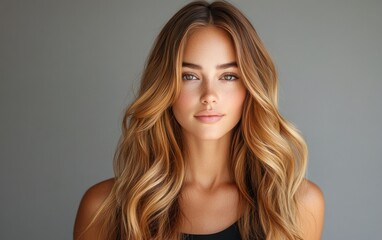 Fototapeta premium Beautiful young woman with long, wavy blonde-brunette hair looking forward