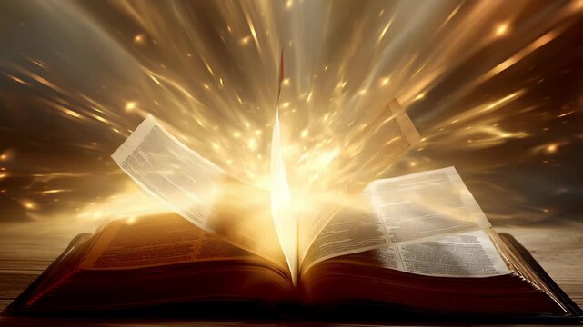 An open bible enveloped in light concept. Open magical book glowing with golden light and sparkling rays on wooden table