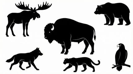 Naklejka premium North American Wildlife Decorative Black Silhouette Collection with Bison, Moose, Bear and Eagle