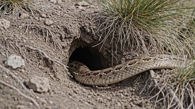 A patterned brown snake emerges from a dark burrow in dry soil. Sparse green grass is visible to the right.

