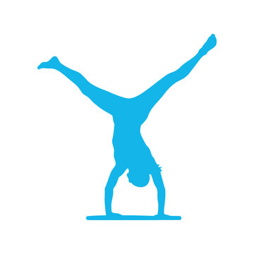 Gymnast handstand silhouette vector in blue, athletic woman exercise illustration